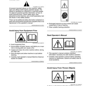 May include: A page from a manual with safety labels and warnings. The labels include symbols for avoiding injury from loud noise, equipment fires, and thrown objects. The text explains the importance of safety signs.