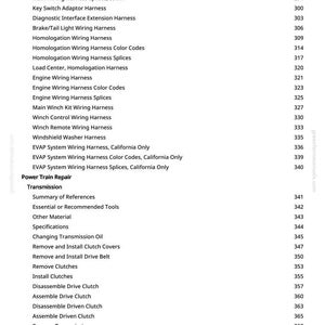 May include: A white page with a table of contents from a manual. The text includes wiring harnesses, engine components, and transmission repair topics. Page numbers are listed on the right.