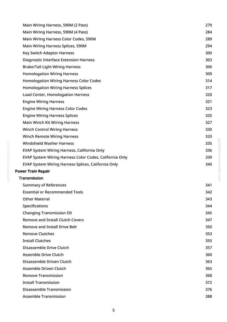 May include: A white page with a table of contents from a manual. The text includes wiring harnesses, engine components, and transmission repair topics. Page numbers are listed on the right.