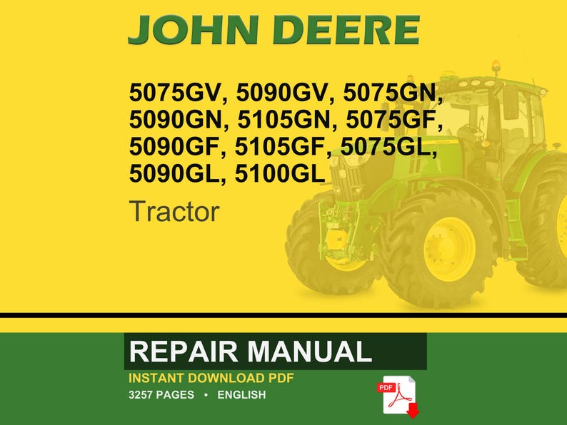 K&ouml;nnte beinhalten: Ein Reparaturhandbuch-Cover mit einem John Deere Traktor. Das Bild zeigt einen gr&uuml;n-gelben Traktor vor einem gelben Hintergrund. Der Text enth&auml;lt "JOHN DEERE" und Traktormodellnummern. Das untere Banner lautet "REPARATURHANDBUCH" und "INSTANT DOWNLOAD PDF".