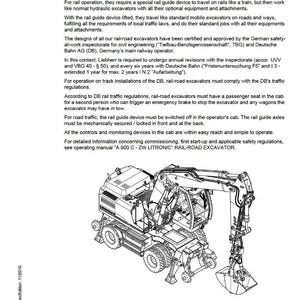 Pu&ograve; includere: Disegno in bianco e nero di un escavatore ferroviario Liebherr A 900 C-ZW Litronic. L'immagine proviene da un manuale di servizio e include testo sulle caratteristiche e il funzionamento dell'escavatore.