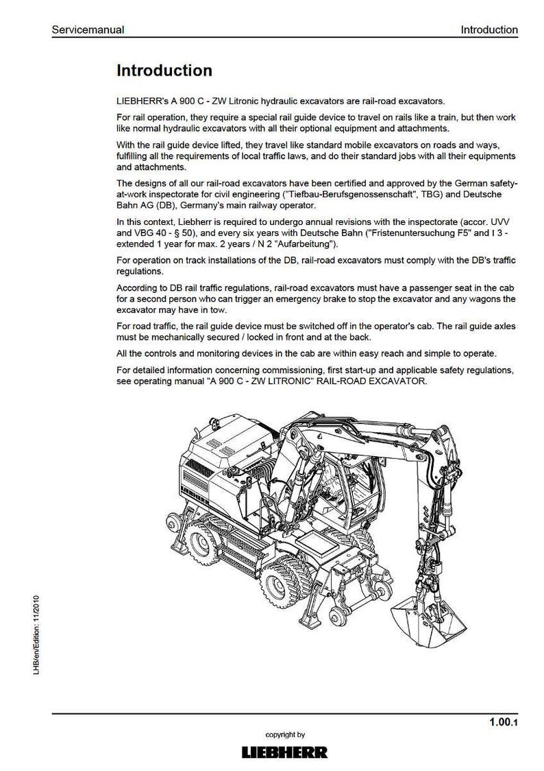 Pu&ograve; includere: Disegno in bianco e nero di un escavatore ferroviario Liebherr A 900 C-ZW Litronic. L'immagine proviene da un manuale di servizio e include testo sulle caratteristiche e il funzionamento dell'escavatore.