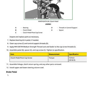 May include: Diagram of a clutch pedal assembly with labeled parts: bearing, clutch pedal, pivot cap screw, threads, and spacer. Includes a table with torque specifications of 72 N-m (53 lb-ft) for the clutch pedal pivot cap screw.