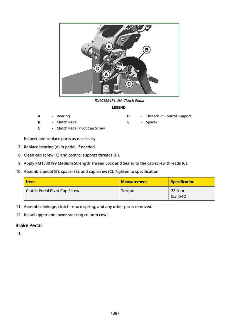 May include: Diagram of a clutch pedal assembly with labeled parts: bearing, clutch pedal, pivot cap screw, threads, and spacer. Includes a table with torque specifications of 72 N-m (53 lb-ft) for the clutch pedal pivot cap screw.