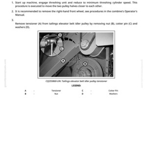May include: Diagram from a manual showing the process of removing the lower pulley of a threshing cylinder speed variator. The image highlights parts labeled A, B, C, and D, with a legend explaining each part. Text includes instructions and safety information.