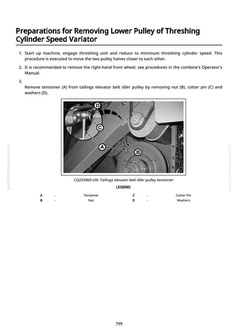 May include: Diagram from a manual showing the process of removing the lower pulley of a threshing cylinder speed variator. The image highlights parts labeled A, B, C, and D, with a legend explaining each part. Text includes instructions and safety information.