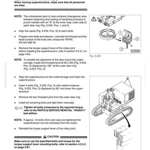 May include: Technical diagram illustrating superstructure lifting procedures. Includes diagrams of parts, bolts, and instructions. Text includes safety warnings and specific steps for assembly and alignment of components. The image is from a manual.