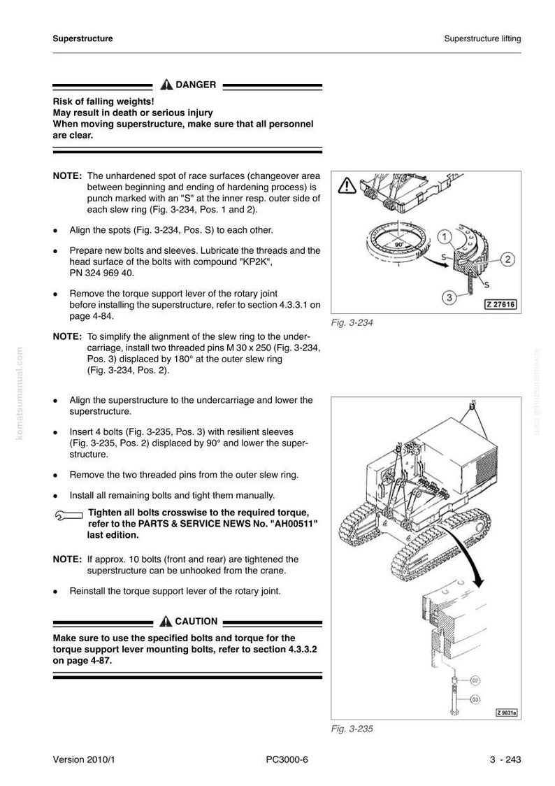 May include: Technical diagram illustrating superstructure lifting procedures. Includes diagrams of parts, bolts, and instructions. Text includes safety warnings and specific steps for assembly and alignment of components. The image is from a manual.