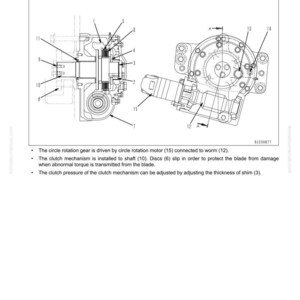 May include: Diagram of a circle rotation gear system, labeled with numbers and arrows. The diagram shows the function of the gear, including the circle rotation motor, clutch mechanism, and shaft. Text explains the gear's operation.
