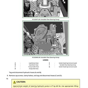 Puede incluir: Diagrama de una bomba de direcci&oacute;n de flujo variable con etiquetas y una leyenda. La imagen incluye una advertencia sobre el peso de la bomba, aproximadamente 27 kg. El texto tambi&eacute;n proporciona instrucciones de extracci&oacute;n e instalaci&oacute;n.