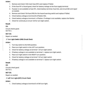 May include: A manual page detailing a "Turn Signal Lights Circuit Test." It provides instructions for checking fuses and turn light switches, including voltage and continuity tests. The page includes instructions and results.