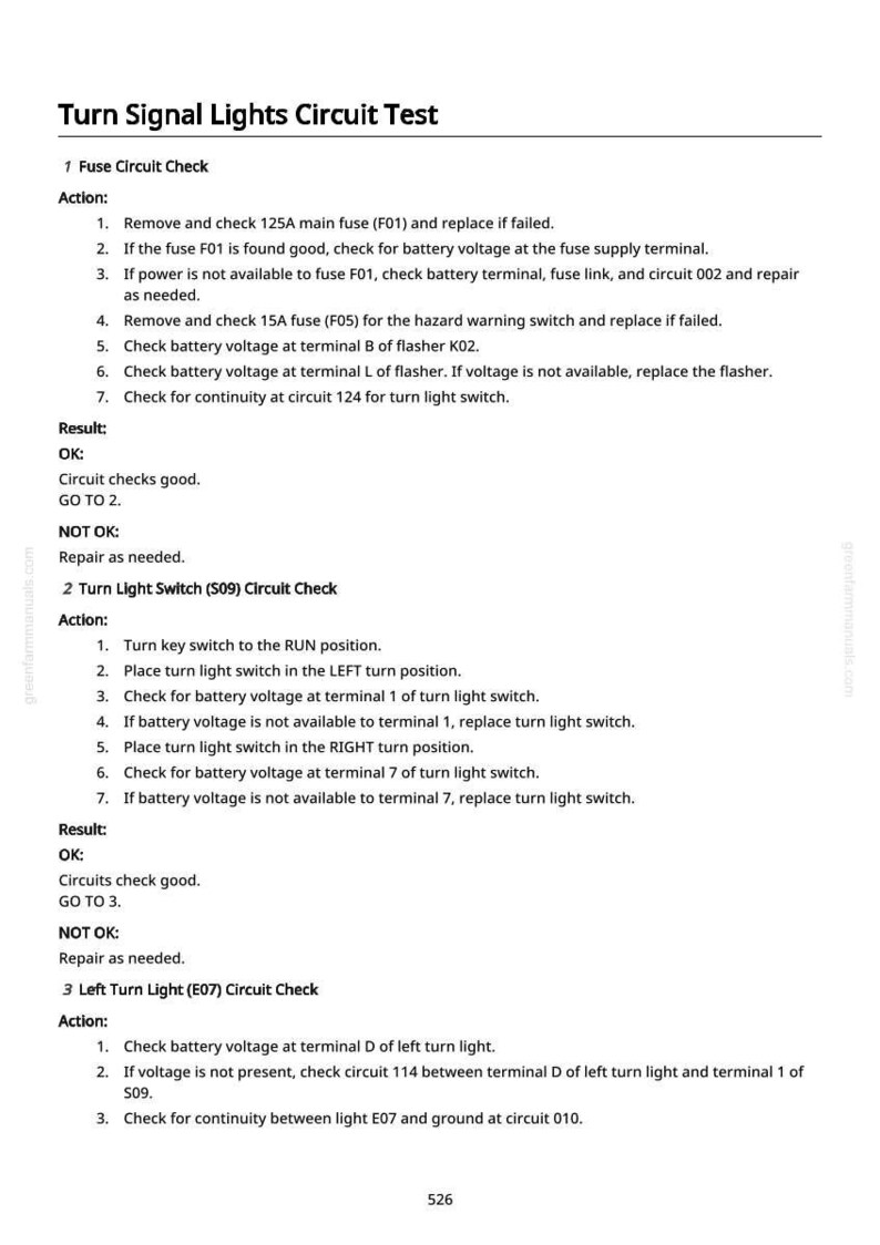 May include: A manual page detailing a "Turn Signal Lights Circuit Test." It provides instructions for checking fuses and turn light switches, including voltage and continuity tests. The page includes instructions and results.
