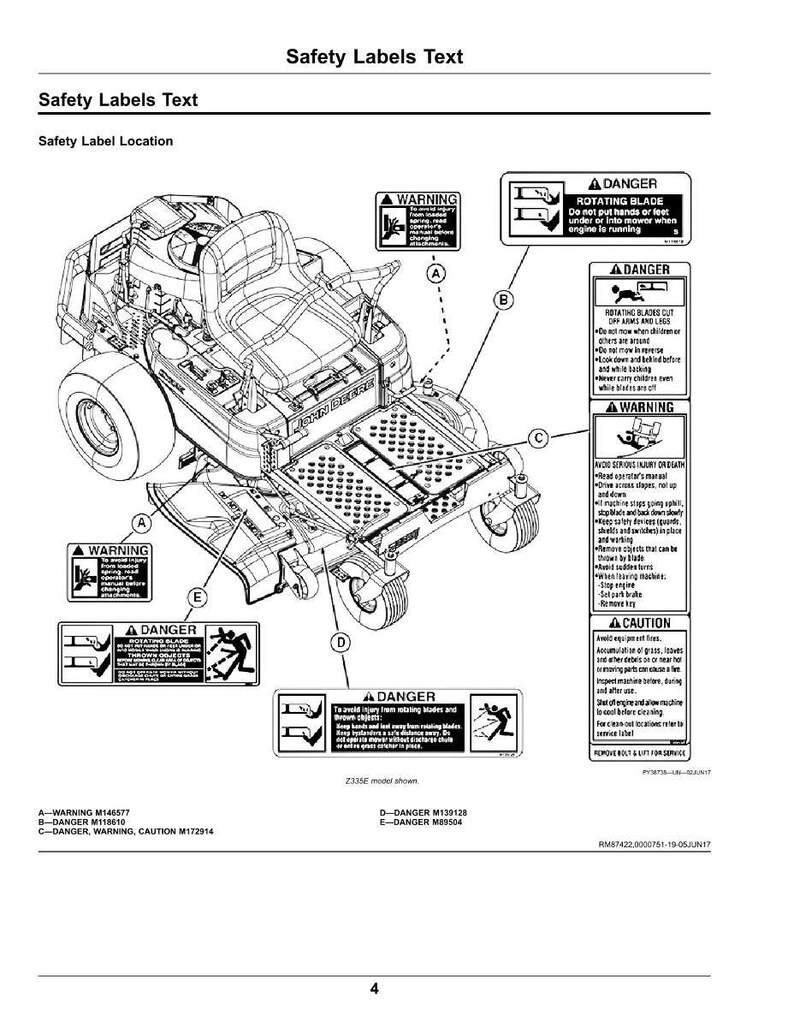 May include: A technical diagram of a ride-on lawnmower, featuring safety labels with warnings about rotating blades and potential hazards. The illustration provides a detailed view of the mower's components and safety instructions.
