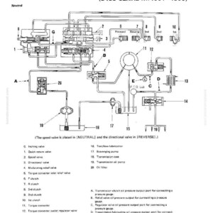 K&ouml;nnte beinhalten: Diagramm eines hydraulischen Getriebesteuerungssystems, beschriftet mit Komponenten wie Ventilen, Kupplungen und Pumpen. Das Diagramm enth&auml;lt Text und Symbole, mit Messungen in cm.