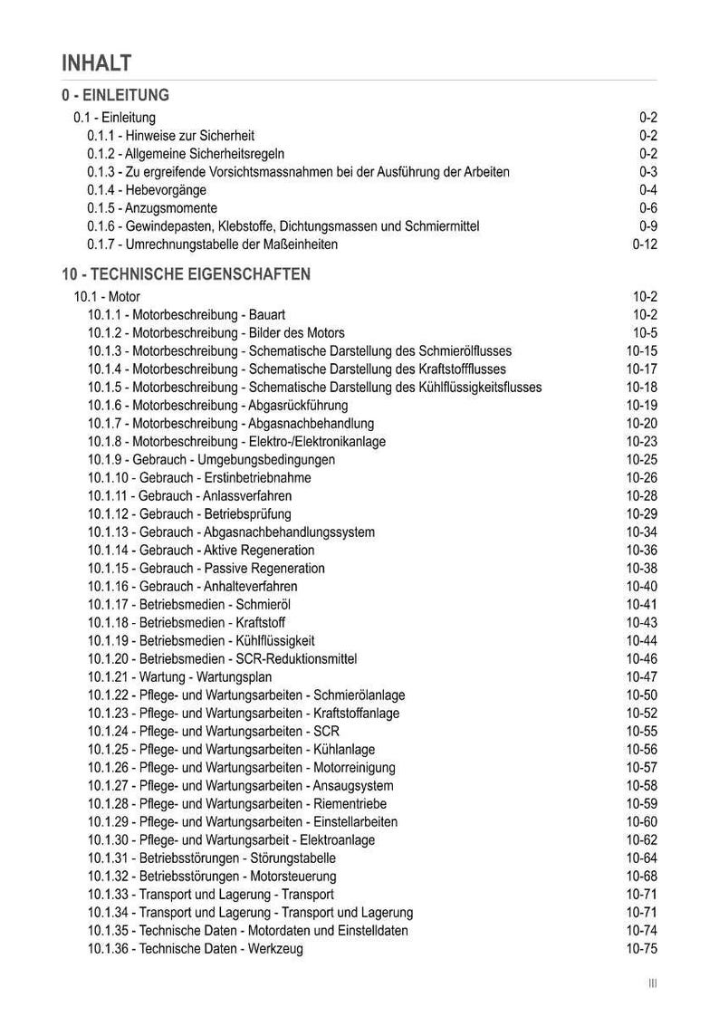 Pode incluir: Um sum&aacute;rio detalhado em alem&atilde;o, com t&iacute;tulos e subt&iacute;tulos para especifica&ccedil;&otilde;es t&eacute;cnicas, incluindo descri&ccedil;&otilde;es de motores, manuten&ccedil;&atilde;o e informa&ccedil;&otilde;es de transporte. O documento est&aacute; organizado com n&uacute;meros de p&aacute;gina.