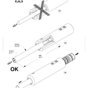 May include: Technical diagram of cylindrical mechanical components. The image includes three different views of the components, with measurements in inches and the text "OK". The diagram also includes the Komatsu logo and model information.