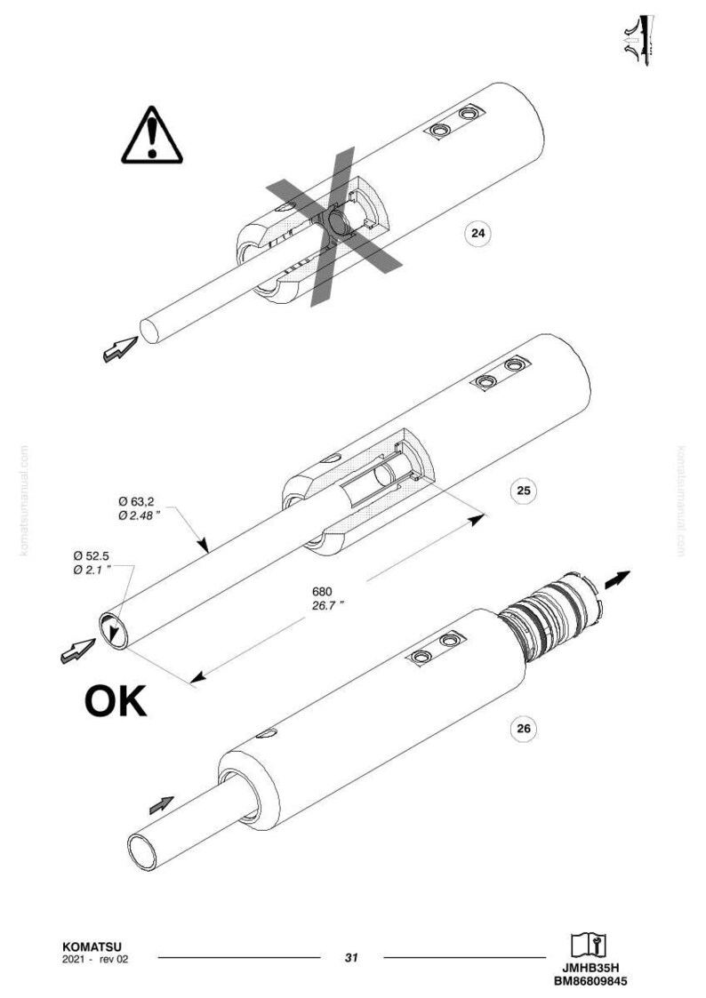 May include: Technical diagram of cylindrical mechanical components. The image includes three different views of the components, with measurements in inches and the text "OK". The diagram also includes the Komatsu logo and model information.