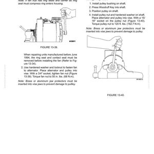 May include: Diagram from a Niehoff Alternator Overhaul Manual. The image shows instructions for fan and pulley assembly. Text includes torque specifications in foot-pounds and inch-pounds. Figures 13-39 and 13-40 illustrate the assembly steps.