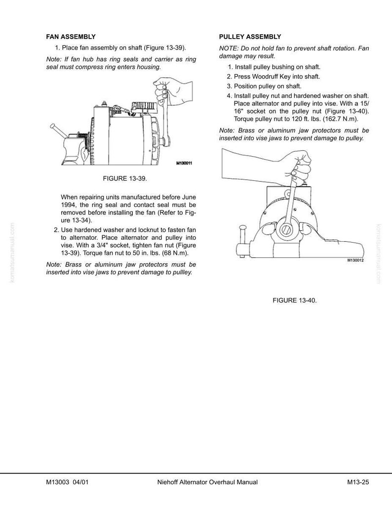 May include: Diagram from a Niehoff Alternator Overhaul Manual. The image shows instructions for fan and pulley assembly. Text includes torque specifications in foot-pounds and inch-pounds. Figures 13-39 and 13-40 illustrate the assembly steps.
