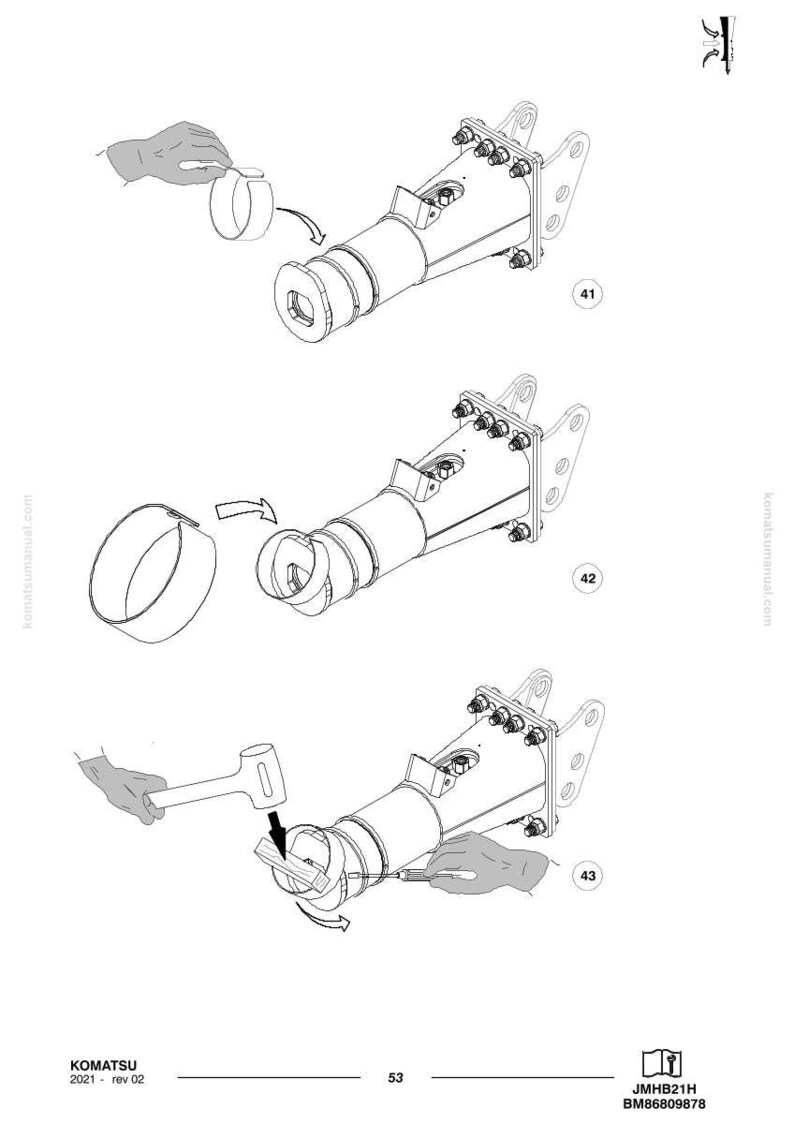 May include: Technical diagram showing the assembly of a mechanical part. The steps involve fitting components and using tools such as a hammer. The image is a detailed technical drawing with labels and arrows.