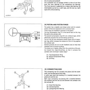 May include: Technical diagram illustrating engine components: a crankshaft, piston with rings, and connecting rod. The diagram provides labels and detailed illustrations of each part, including cross-sectional and exploded views.