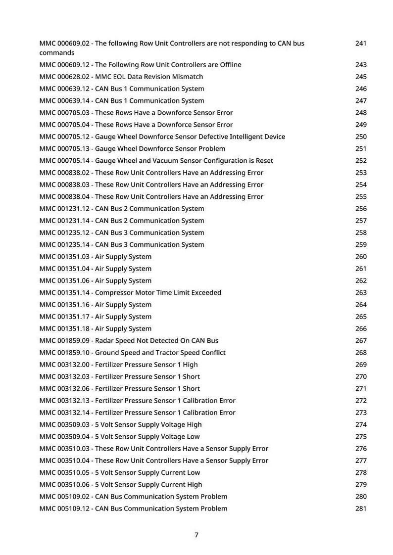 May include: A printed page with a list of error codes and descriptions related to a CAN bus communication system. The text includes codes like "CAN Bus 1 Communication System" and "Air Supply System". The page number is 7.