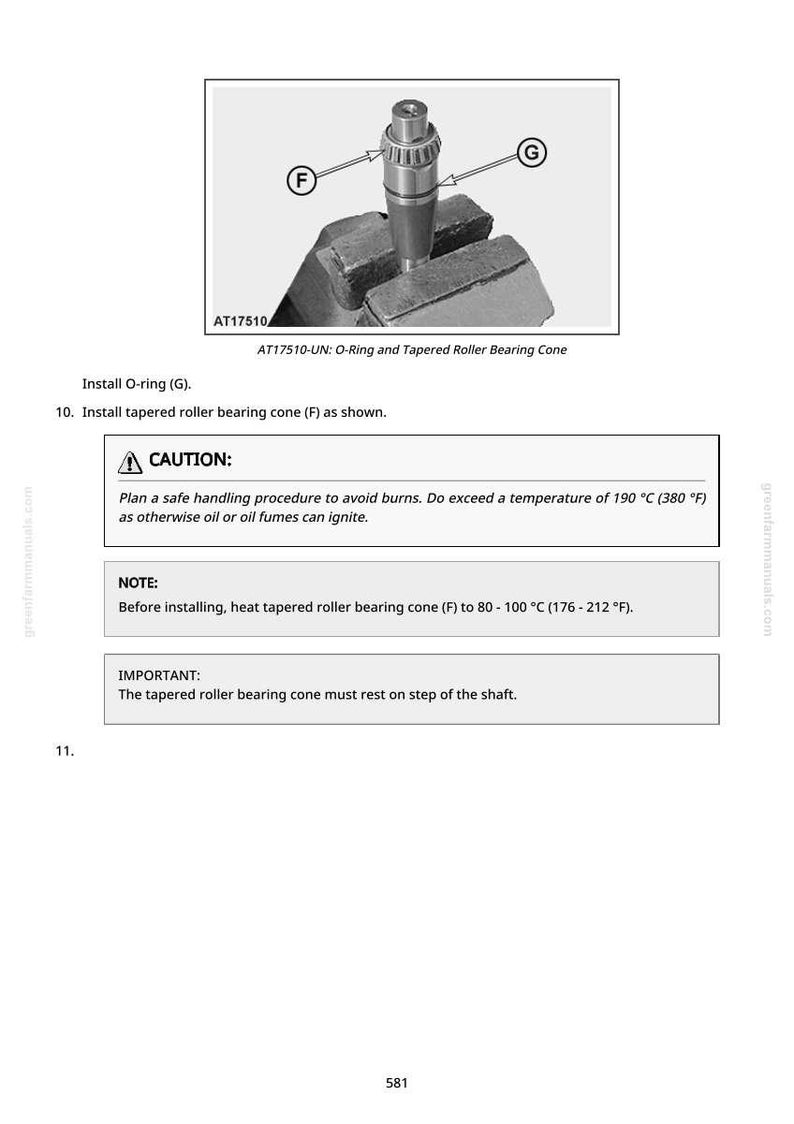 K&ouml;nnte beinhalten: Diagramm zum Einbau eines Kegelrollenlagers mit O-Ring. Das Bild zeigt den Einbau eines Kegelrollenlagers. Der Text enth&auml;lt Sicherheitshinweise zu Hitze und Verbrennungen sowie Anweisungen zum Zusammenbau.