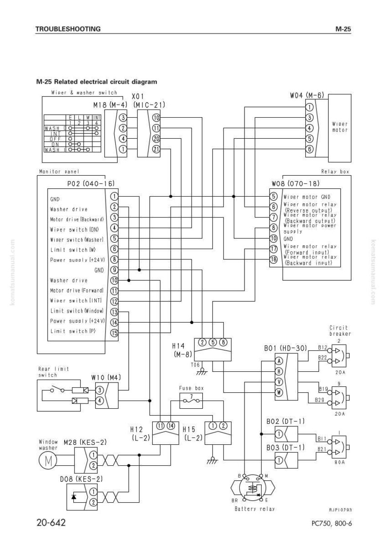May include: Diagram of an electrical circuit for a wiper and washer system, labeled M-25. The diagram includes various components such as a wiper motor, relay box, and circuit breaker, with detailed wiring connections and component labels.