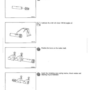May include: A technical diagram from an engine assembly manual. The black and white illustrations show engine components, including retaining rings, washers, and a shaft. Text instructions are included, such as lubricating the shaft with oil.
