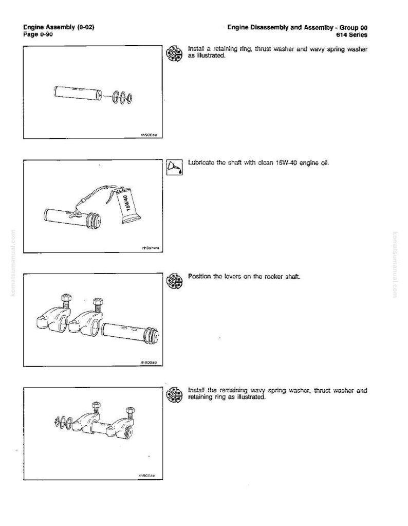 May include: A technical diagram from an engine assembly manual. The black and white illustrations show engine components, including retaining rings, washers, and a shaft. Text instructions are included, such as lubricating the shaft with oil.