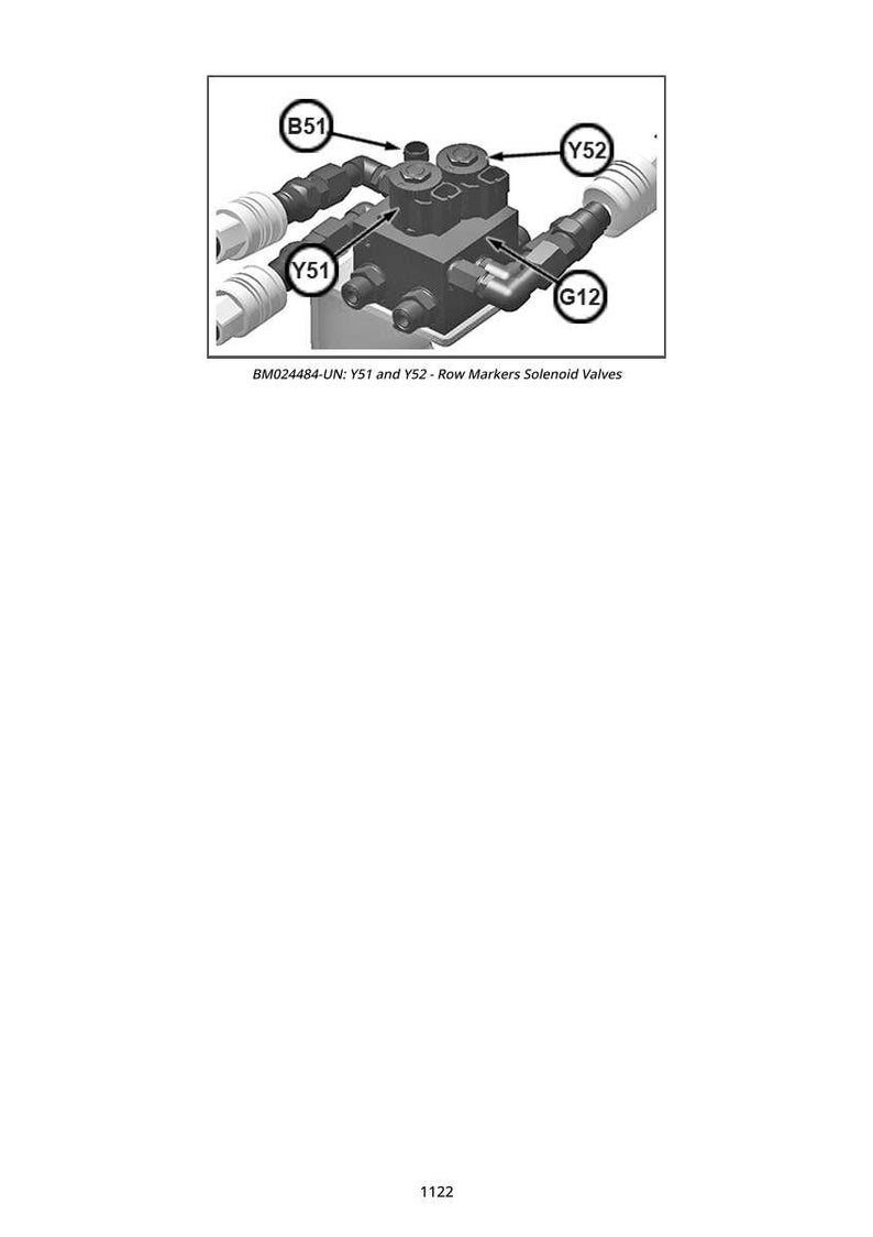 May include: Diagram of a black mechanical component with multiple connection points, labeled with letters and numbers. The text "BM024484-UN: Y51 and Y52 - Row Markers Solenoid Valves" is below the component.
