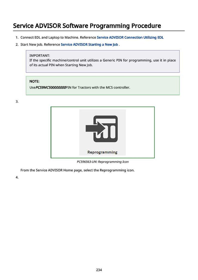 May include: A page from the Service ADVISOR Software Programming Procedure. The page includes instructions, notes, and an icon labeled "Reprogramming." The icon is a square with an arrow pointing to the right.
