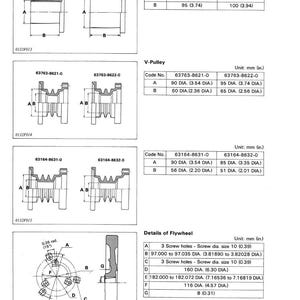 May include: Technical diagram of mechanical components, including flat pulleys, V-pulleys, and flywheel details. Dimensions are provided in inches and millimeters. The diagram includes code numbers and measurements for each part.