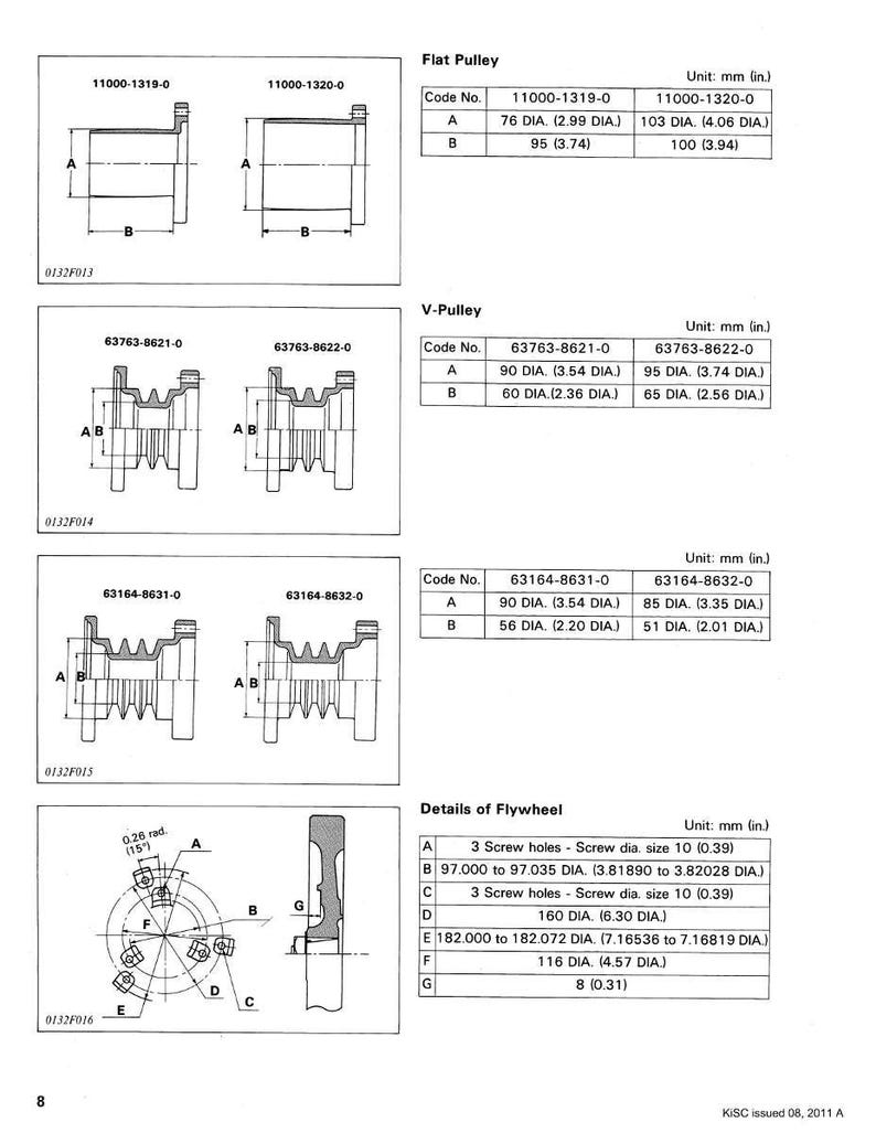 May include: Technical diagram of mechanical components, including flat pulleys, V-pulleys, and flywheel details. Dimensions are provided in inches and millimeters. The diagram includes code numbers and measurements for each part.