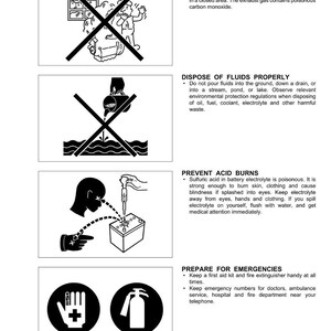 Pu&ograve; includere: Documento di istruzioni di sicurezza con illustrazioni e testo. Gli argomenti includono la ventilazione delle aree di lavoro, il corretto smaltimento dei fluidi, la prevenzione delle ustioni da acido e la preparazione alle emergenze. Include un simbolo di pronto soccorso e un simbolo di estintore.
