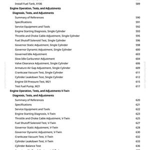 May include: A page from a manual with a list of engine operation tests, adjustments, and related topics. The text includes sections on single-cylinder and V-twin engine diagnostics and maintenance procedures.