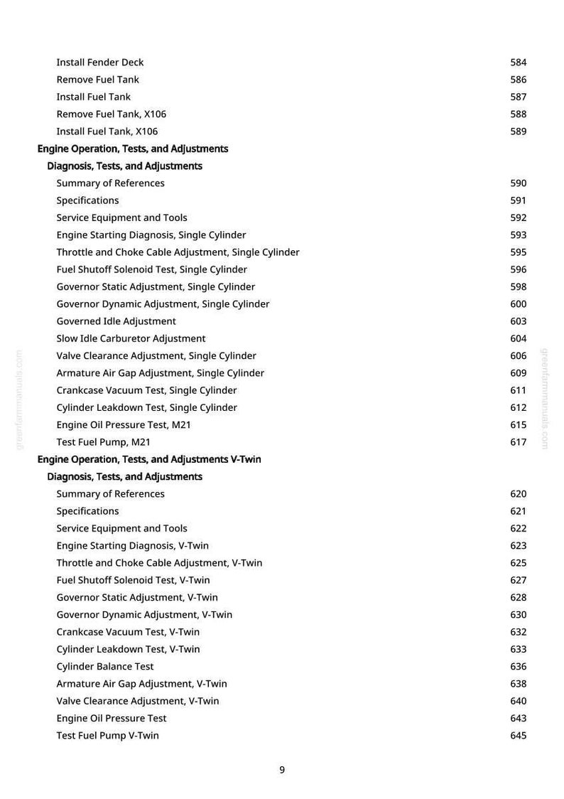May include: A page from a manual with a list of engine operation tests, adjustments, and related topics. The text includes sections on single-cylinder and V-twin engine diagnostics and maintenance procedures.