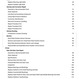 May include: A detailed contents page from a manual, listing repair procedures and component identification for agricultural machinery. The text is black on white, with page numbers and section titles.