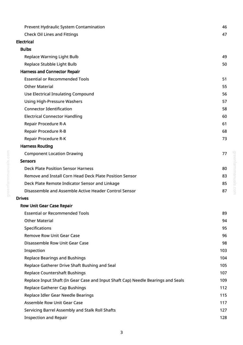 May include: A detailed contents page from a manual, listing repair procedures and component identification for agricultural machinery. The text is black on white, with page numbers and section titles.