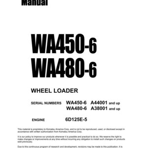 May include: Shop Manual for WA450-6 and WA480-6 Wheel Loaders. The cover features bold black text on a white background. Includes serial numbers and engine specifications. Published by Komatsu America Corp.