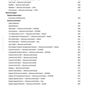 May include: A detailed list of automotive repair procedures, including "Remove and Install" instructions for various components like the fuel tank, alternator, and engine sensors. The document is a technical manual.