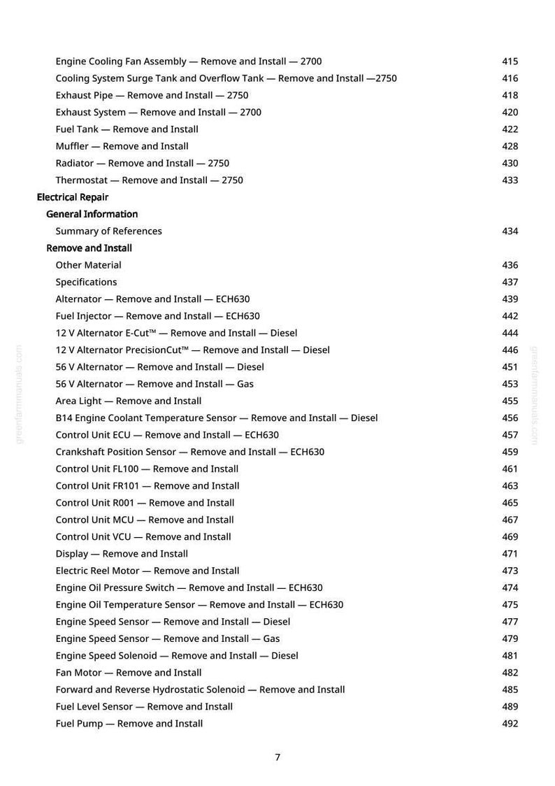 May include: A detailed list of automotive repair procedures, including "Remove and Install" instructions for various components like the fuel tank, alternator, and engine sensors. The document is a technical manual.
