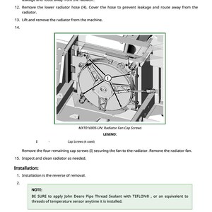 May include: Diagram of a radiator fan assembly with instructions for removal and installation. The image includes a detailed view of the fan, cap screws, and related components, with text instructions.