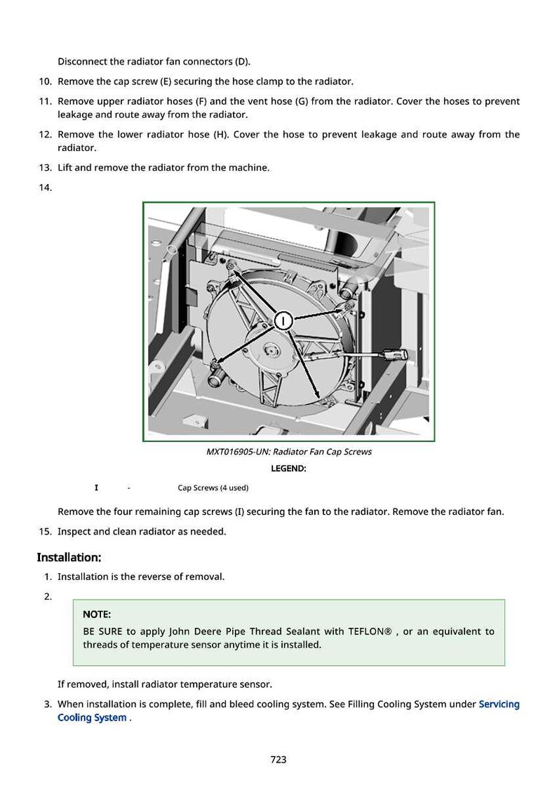 May include: Diagram of a radiator fan assembly with instructions for removal and installation. The image includes a detailed view of the fan, cap screws, and related components, with text instructions.