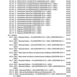 May include: A page from a manual titled "INHALT" (Contents) with a list of technical components and systems for AGROFARM 410 G and 430 G tractors. The text is in German, with item numbers and descriptions.