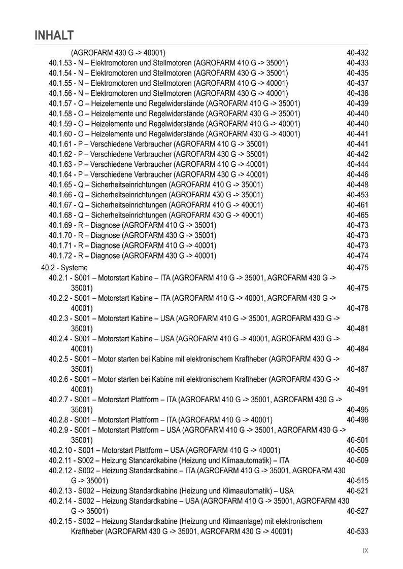 May include: A page from a manual titled "INHALT" (Contents) with a list of technical components and systems for AGROFARM 410 G and 430 G tractors. The text is in German, with item numbers and descriptions.