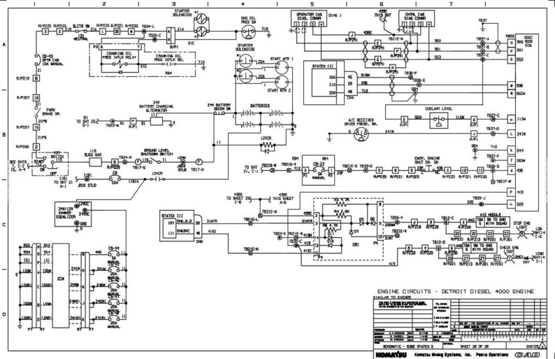 K&ouml;nnte beinhalten: Detaillierte Schaltplanzeichnung der elektrischen Schaltkreise eines Motors, beschriftet mit "Engine Circuits - Detroit Diesel 4000 Engine". Das Diagramm ist schwarz-wei&szlig; und enth&auml;lt zahlreiche Linien, Symbole und Textfelder.