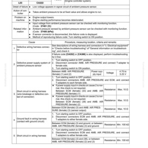 May include: A troubleshooting guide for the failure code [CA222] Ambient Press Sens Low Error. The document details the failure, action of the controller, and potential problems. It includes a table with causes, procedures, and resistance values.