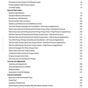 May include: A printed page from a manual with a list of topics, including "Machine Specification," "Diesel Fuel," and "Tune-Up and Adjustment." The page number is 3. The text is black on a white background.