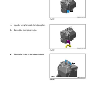 May include: Diagram from a maintenance manual illustrating servicing steps for a mechanical component. The steps involve removing covers, repositioning wiring harnesses, and connecting connectors. The images highlight specific areas of the component.
